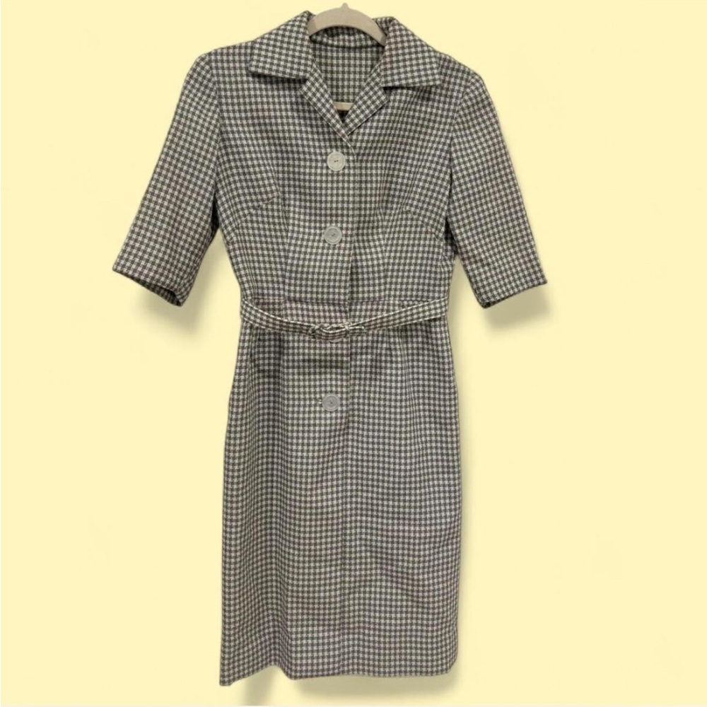 VTG Gray & White Plaid Button Down Sheath Dress w/ Matching Belt. Size Small